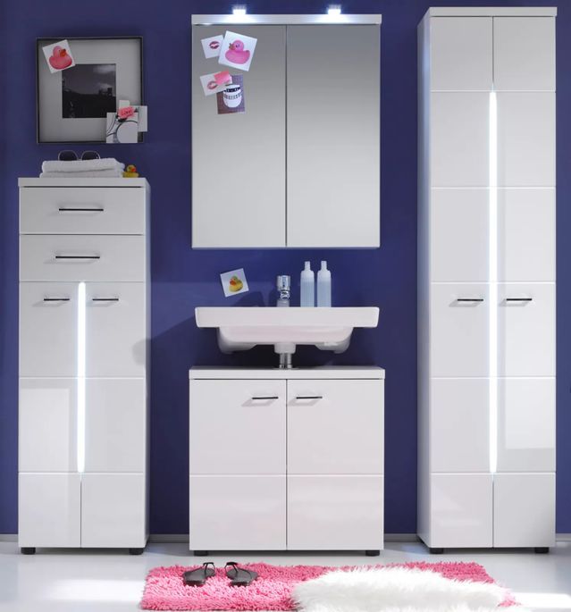 Armoire de toilette 2 portes mélaminé blanc avec miroir Polyn - Photo n°4