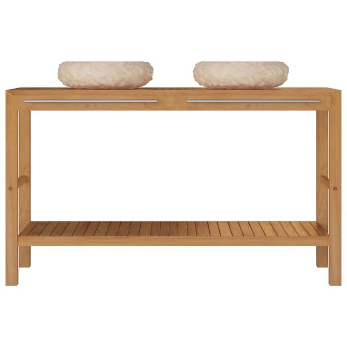 Home Armoire de toilette en teck solide avec lavabos en marbre Crème