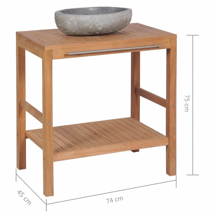 Armoire de toilette Teck solide et lavabo en pierre de rivière