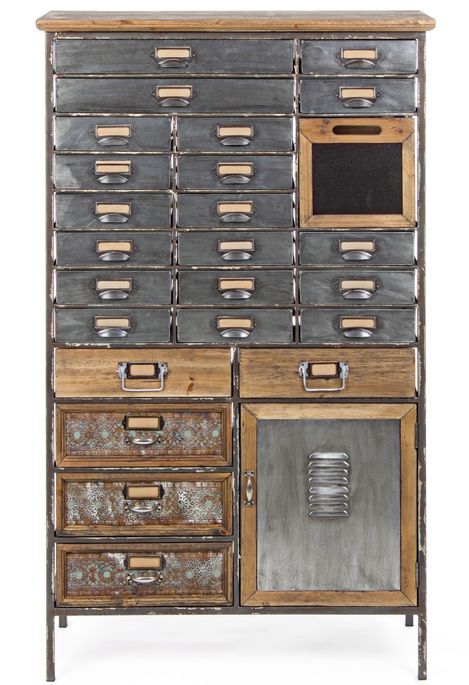 Armoire industriel 25 tiroirs 1 porte acier argent et bois de pin Vitrak 76.5 cm - Photo n°1