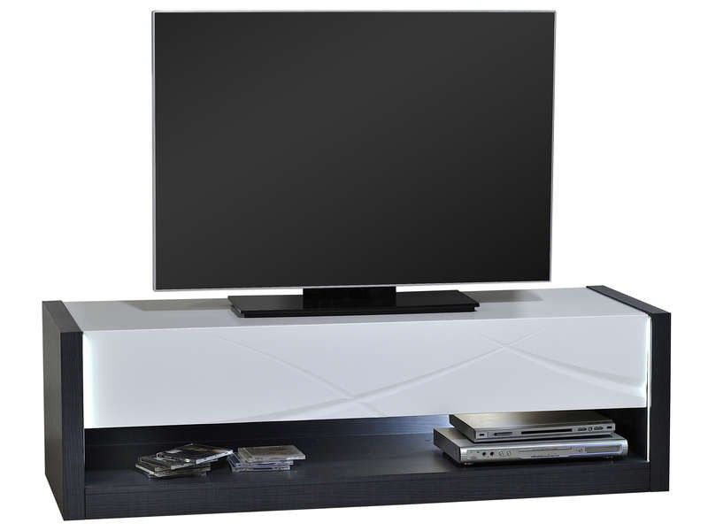 Banc TV avec éclairage à Led 1 tiroir bois laqué blanc et anthracite mate Klype 150 cm - Photo n°3