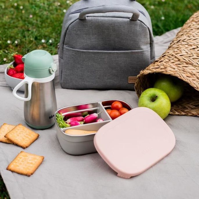 BEABA, Boîte repas enfant en inox, couvercle en silicone et housse de protection, Gris velours et rose poudré - Photo n°2