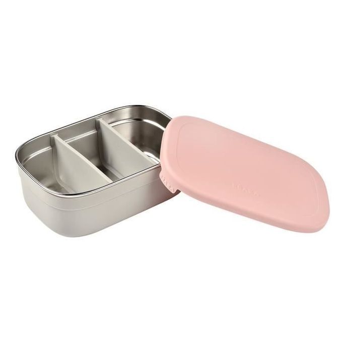 BEABA, Boîte repas enfant en inox, couvercle en silicone et housse de protection, Gris velours et rose poudré - Photo n°3