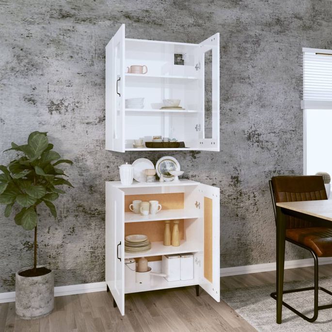 Buffet haut Blanc brillant 69,5x34x180 cm Bois d'ingénierie 6 - Photo n°3