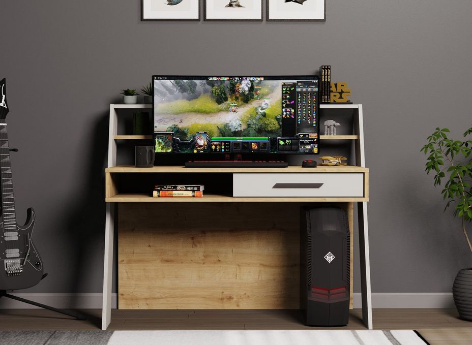 Bureau Enfant 3-en-1 En Bois – Table D’Étude Avec Tiroir, Étagères & Clavier Escamotable – Anti-Basculement, Naturel 90x45x90 Cm