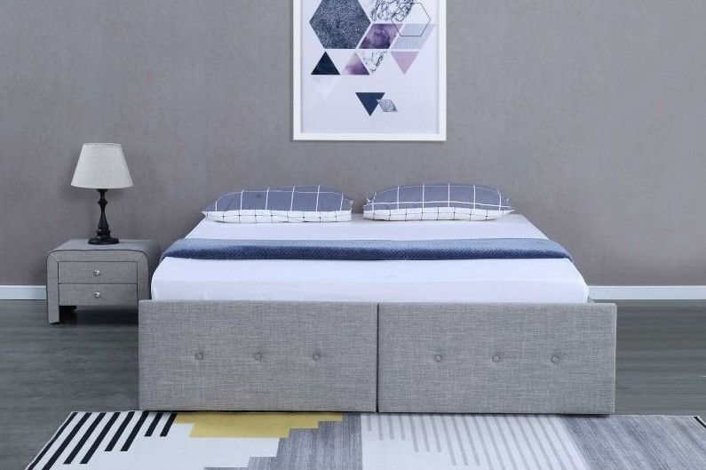 Cadre de lit avec coffre et 2 tiroirs tissu gris clair Lecra 160x200 cm - Photo n°3