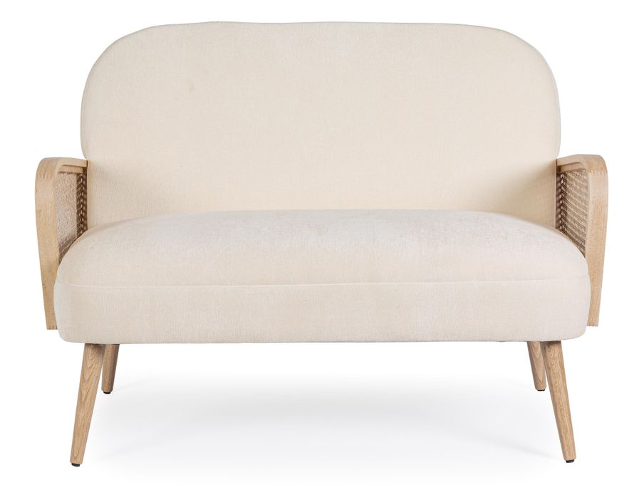 Canapé 2 places en bois de pin et rotin assise velours beige clair Kalida 115 cm - Photo n°2