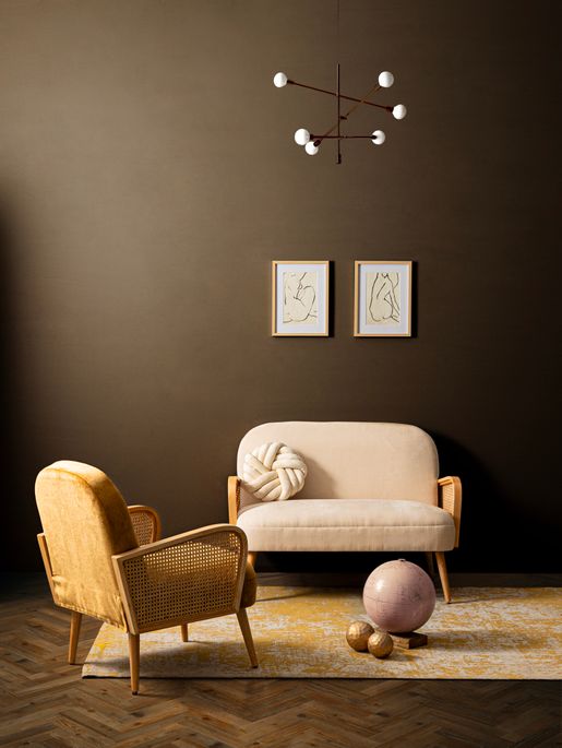 Canapé 2 places en bois de pin et rotin assise velours beige clair Kalida 115 cm - Photo n°5