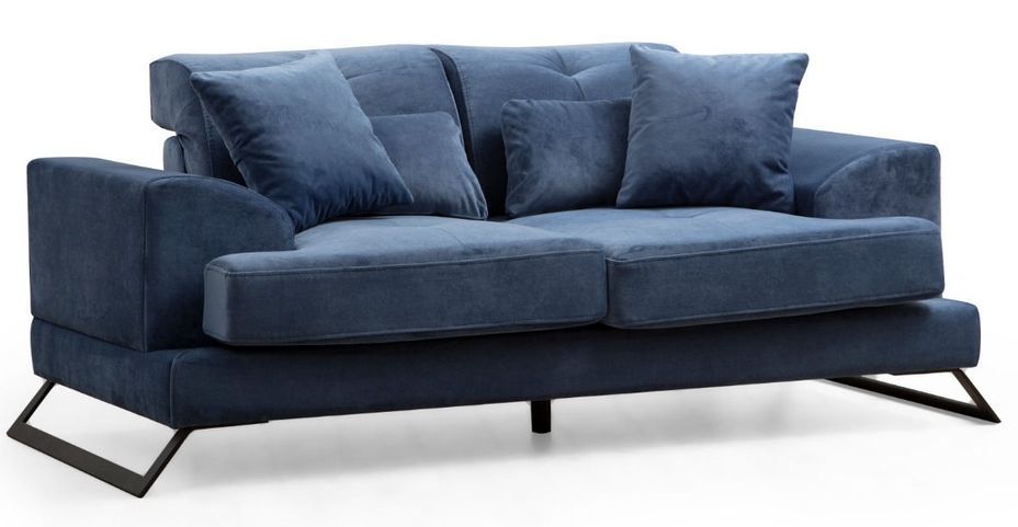 Canapé 2 places velours bleu avec têtières relevables et pieds metal noir Briko 185 cm - Photo n°1