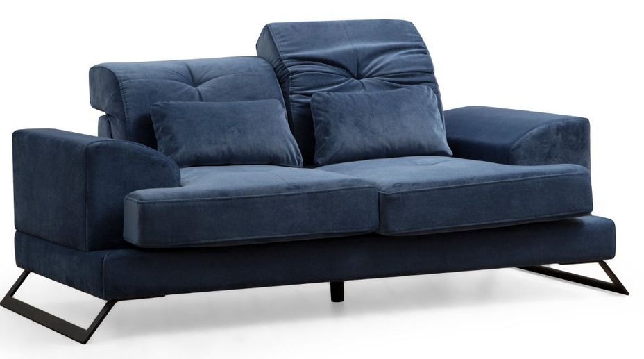 Canapé 2 places velours bleu avec têtières relevables et pieds metal noir Briko 185 cm - Photo n°2