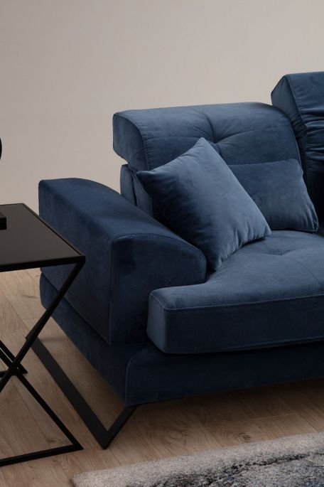 Canapé 2 places velours bleu avec têtières relevables et pieds metal noir Briko 185 cm - Photo n°5