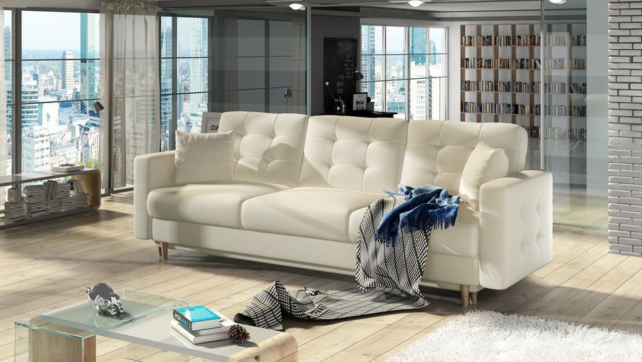 Canapé 3 places convertible matelassé simili cuir beige clair Anska 235 cm - Photo n°3