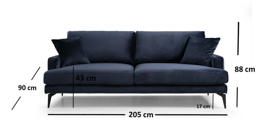 Canapé 3 places design tissu velouté bleu marine et pieds métal noir Kombaz 205 cm - Photo n°7
