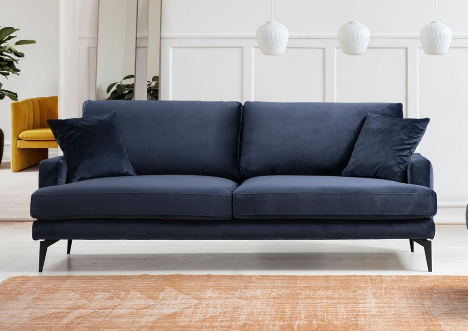 Canapé 3 places design tissu velouté bleu marine et pieds métal noir Kombaz 205 cm - Photo n°2