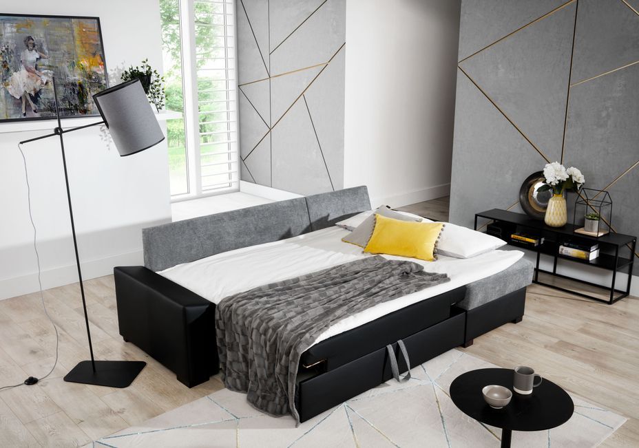 Canapé angle convertible et réversible tissu gris clair et simili noir Luzo 245 cm - Photo n°4