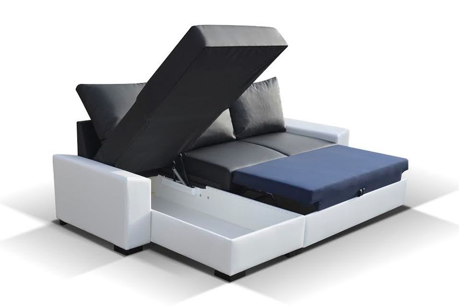 Canapé angle convertible et réversible tissu gris clair et simili noir Luzo 245 cm - Photo n°8