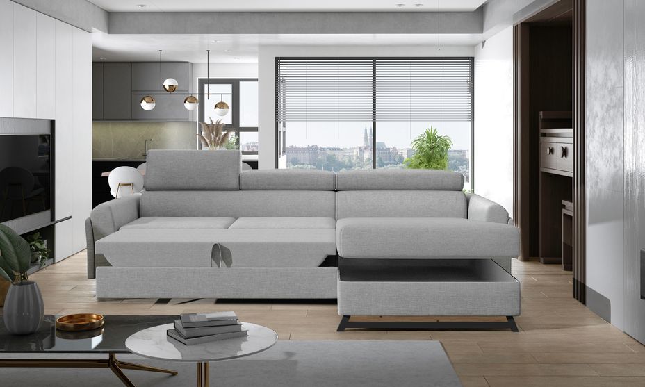 Canapé angle droit convertible simili clair blanc avec appuis-tête réglables Mazerali 300 cm - Photo n°5