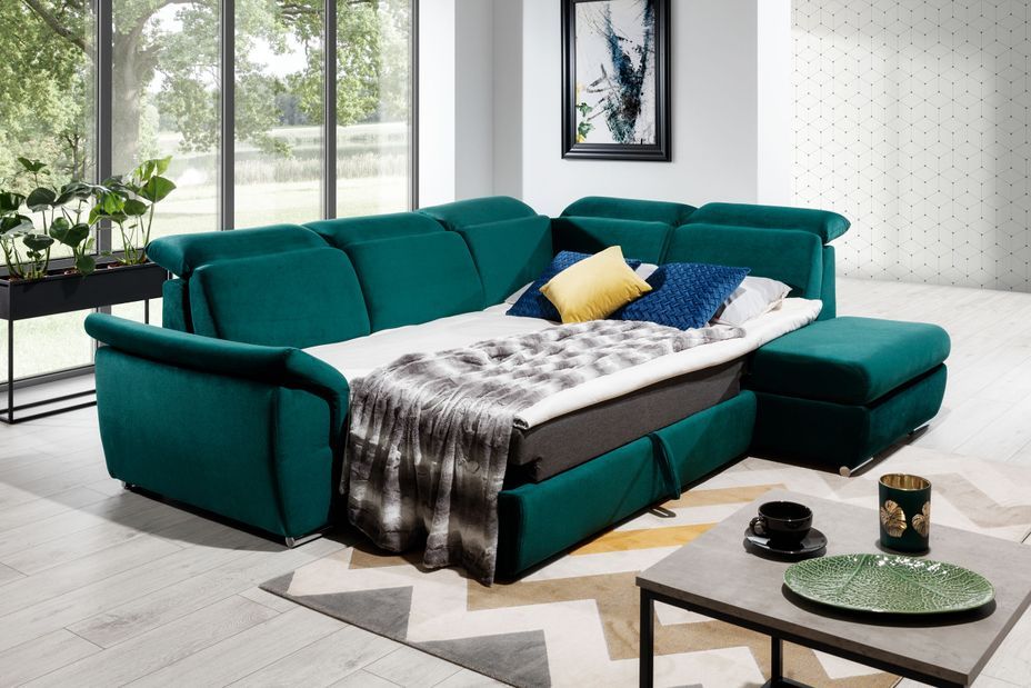 Canapé angle droit convertible tissu gris clair chiné avec appuis-tête réglables Kepita 260 cm - Photo n°9
