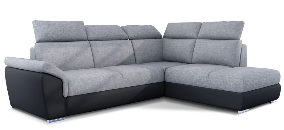 Canapé angle droit convertible tissu gris clair et simili cuir noir avec appuis-tête réglables Kepita 260 cm - Photo n°1