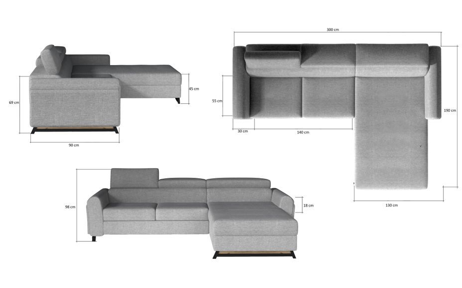 Canapé angle droit convertible velours anthracite avec appuis-tête réglables Mazerali 300 cm - Photo n°7