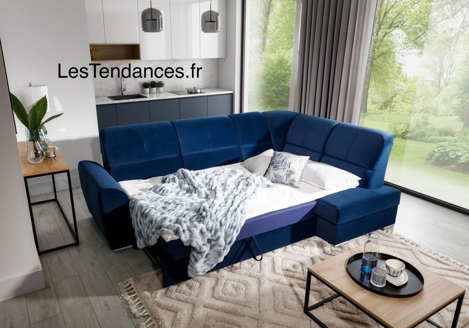 Canapé angle droit convertible velours gris et pieds acier chromé Zabor 270 cm - Photo n°6