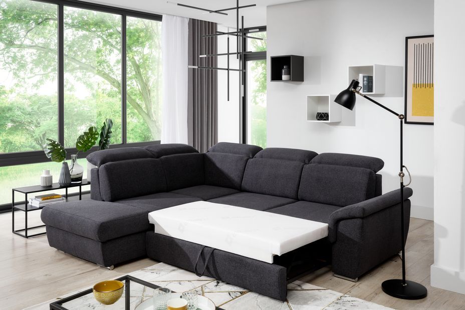 Canapé angle gauche convertible tissu beige chiné et simili marron avec appuis-tête réglables Kepita 260 cm - Photo n°13