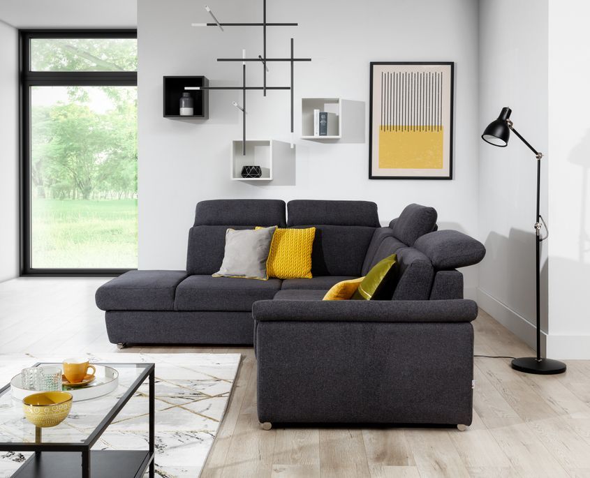 Canapé angle gauche convertible tissu beige chiné et simili marron avec appuis-tête réglables Kepita 260 cm - Photo n°14