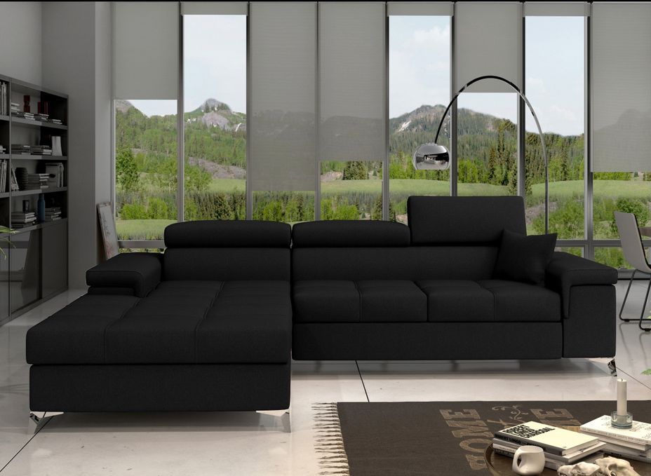 Canapé angle gauche convertible tissu noir avec appuis-tête réglables Rikaro 280 cm - Photo n°2