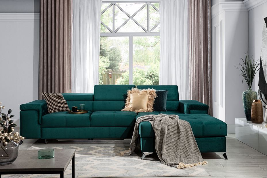 Canapé angle gauche convertible velours vert foncé avec appuis-tête réglables Rikaro 280 cm - Photo n°12