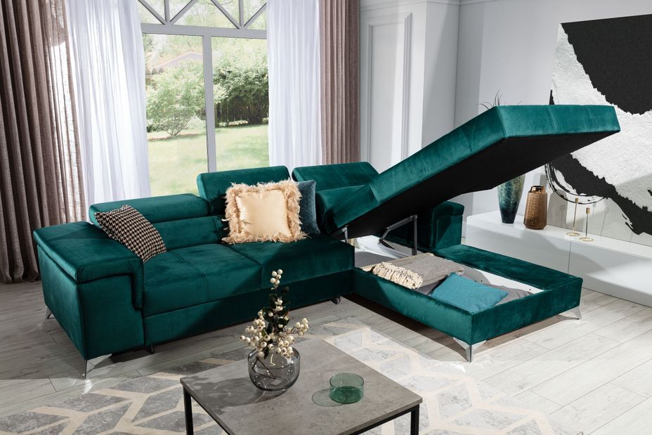 Canapé angle gauche convertible velours vert foncé avec appuis-tête réglables Rikaro 280 cm - Photo n°15