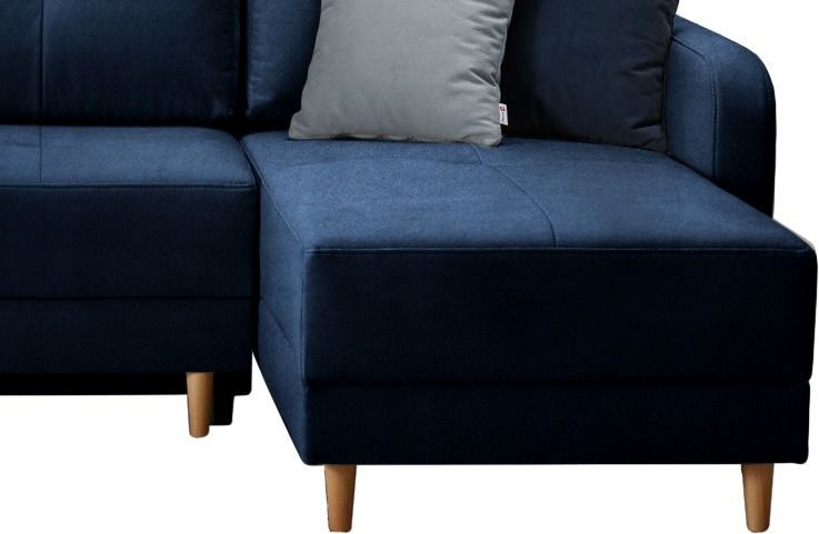 Canapé angle réversible Scandinave velours bleu et pieds bois clair Kindo 240 cm - Photo n°3