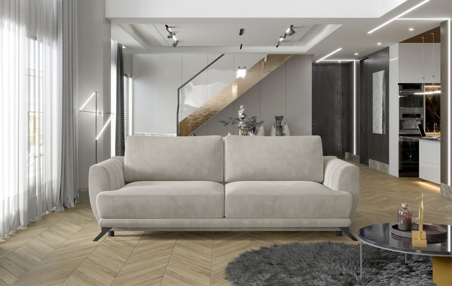 Canapé convertible 3/4 places velours beige clair et pieds métal noir Zora 250 cm - Photo n°3