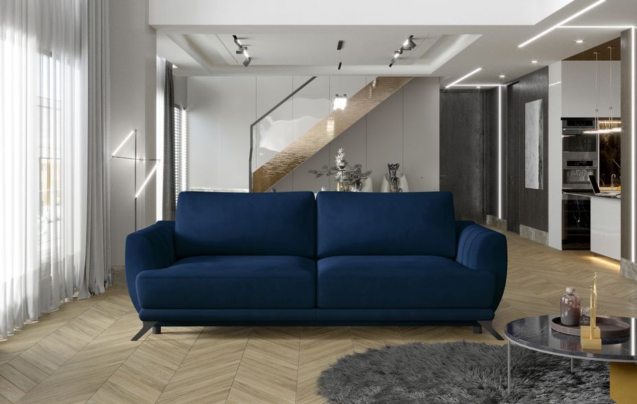 Canapé convertible 3/4 places velours bleu nuit et pieds métal noir Zora 250 cm - Photo n°3
