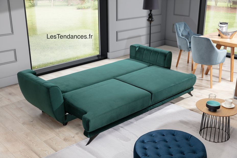 Canapé convertible 3/4 places velours bleu nuit et pieds métal noir Zora 250 cm - Photo n°14