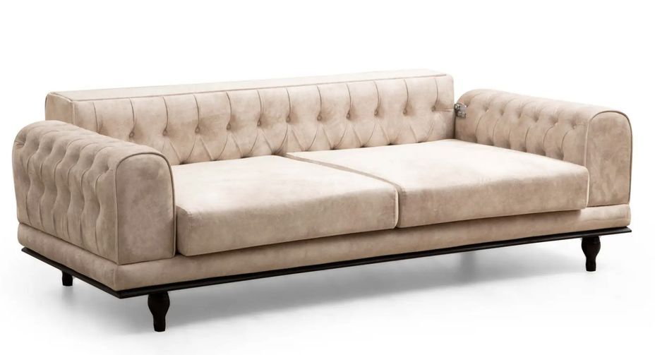 Canapé convertible 3 places capitonné velours beige Dolane 220 cm - Photo n°6