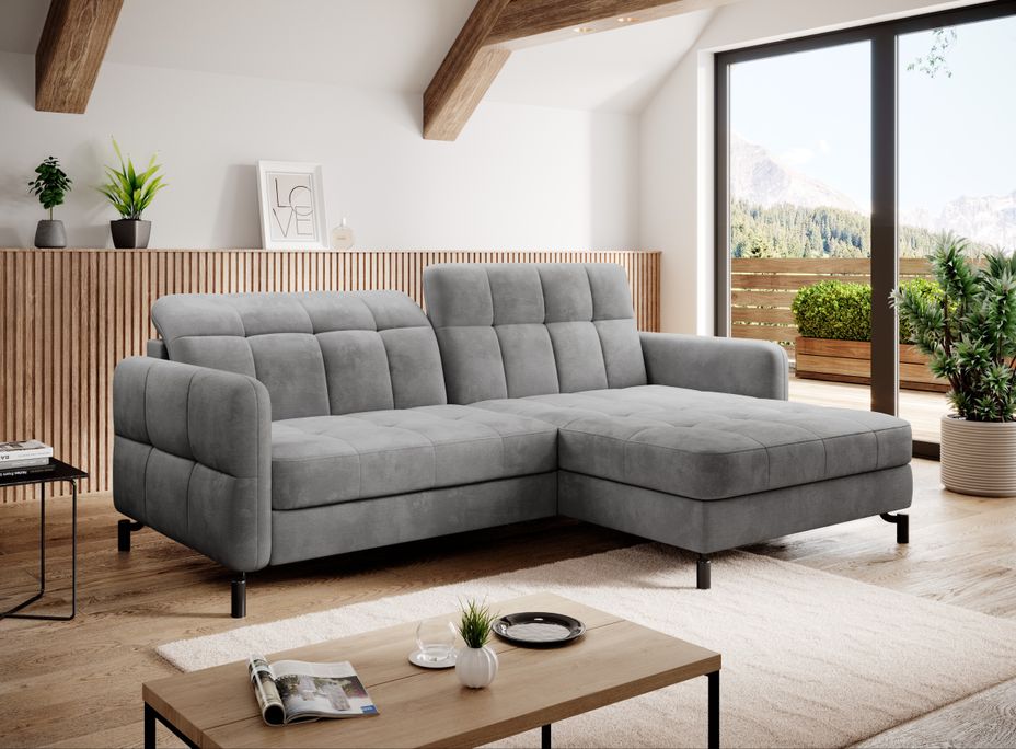Canapé convertible angle droit avec têtières réglables velours matelassé gris clair Lory 225 cm - Photo n°2