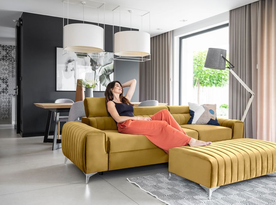 Canapé convertible avec appuis-tête réglables velours jaune moutarde Lozan 261 cm - Photo n°14