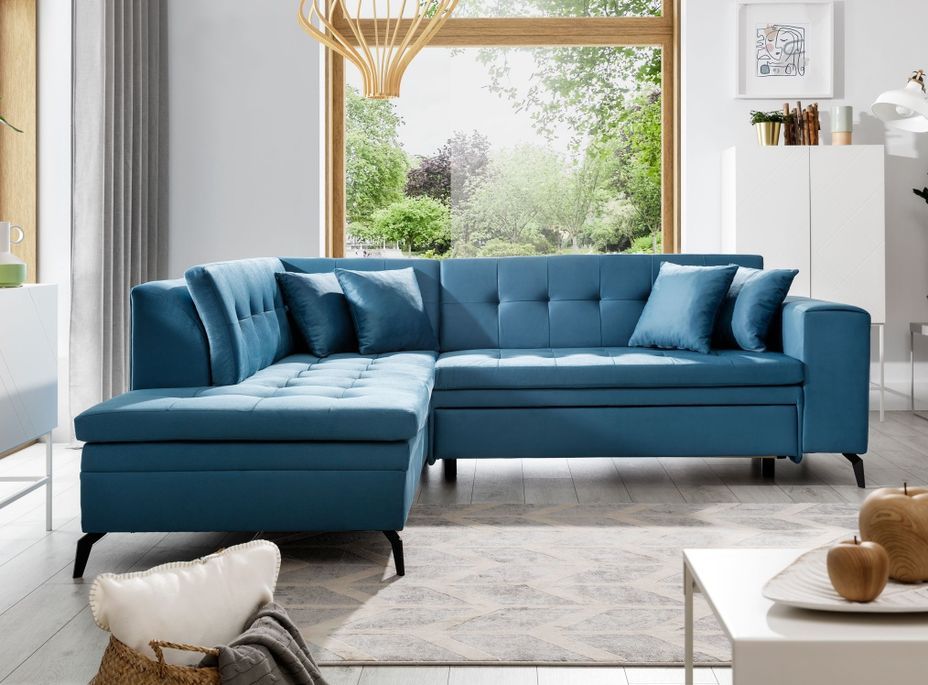 Canapé convertible capitonné angle gauche tissu bleu canard Larry 260 cm - Photo n°1
