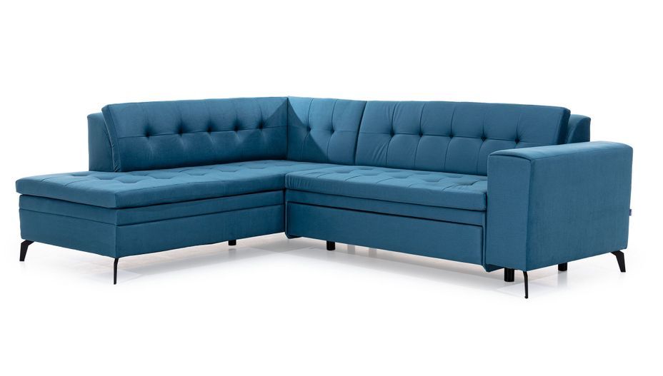 Canapé convertible capitonné angle gauche tissu bleu canard Larry 260 cm - Photo n°9