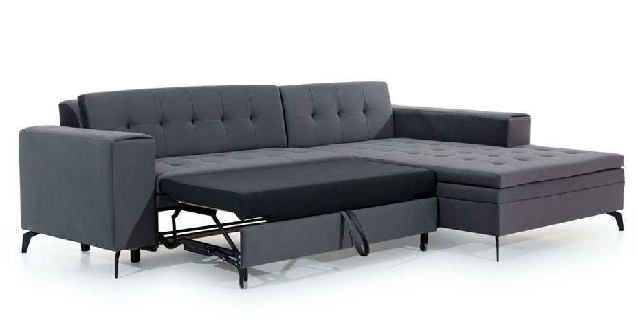 Canapé convertible capitonné angle gauche velours gris clair et pieds métal noir Lazor 295 cm - Photo n°3