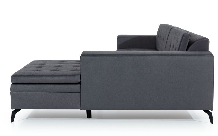 Canapé convertible capitonné angle gauche velours gris clair et pieds métal noir Lazor 295 cm - Photo n°7