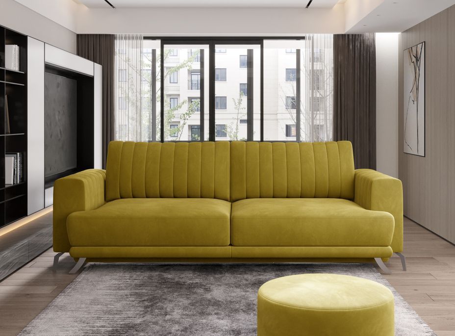 Canapé convertible design 3/4 places velours jaune moutarde et pieds acier chromé Eliza 250 cm - Photo n°1