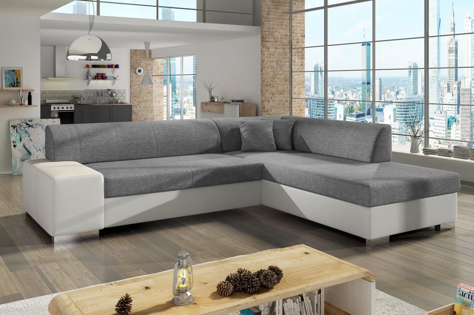 Canapé convertible moderne angle droit tissu gris clair chiné et simili cuir blanc Plazo 278 cm - Photo n°2