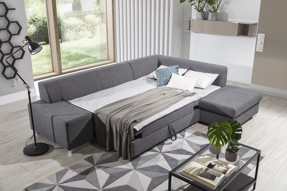 Canapé convertible moderne angle droit tissu gris clair chiné et simili cuir blanc Plazo 278 cm - Photo n°7