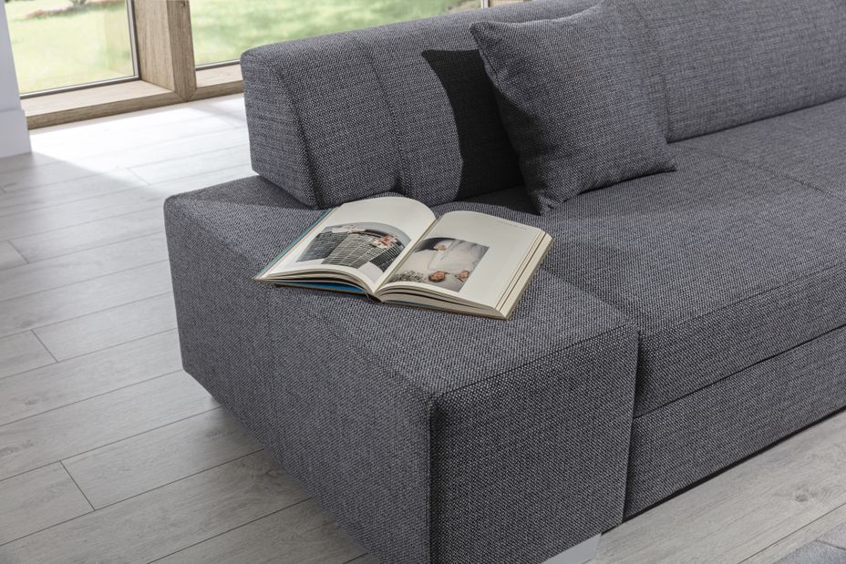 Canapé convertible moderne angle droit tissu gris clair chiné et simili cuir blanc Plazo 278 cm - Photo n°12