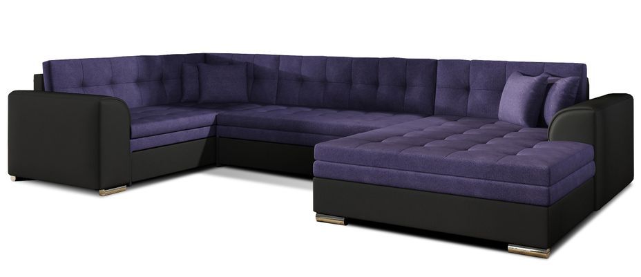 Canapé convertible panoramique tissu violet et simili noir méridienne à droite Diana 340 cm - Photo n°1