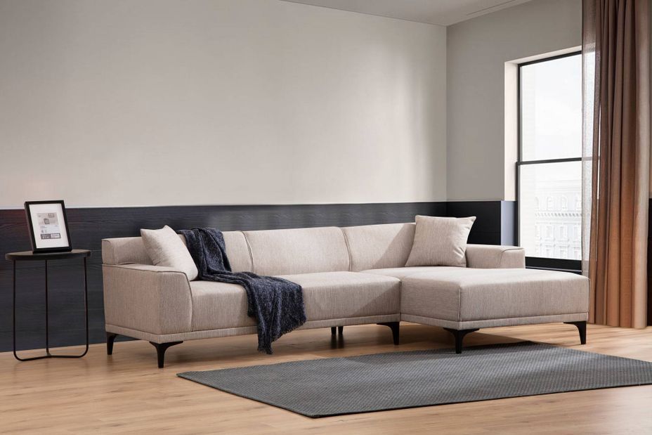 Canapé d'angle à droite moderne en tissu blanc avec 2 coussin Tivano 250 cm - Photo n°3