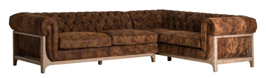 Canapé d'angle cuir marron et pieds frêne massif clair Iouri - Photo n°1
