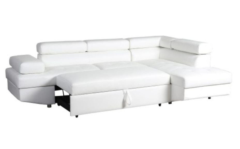 Canapé d'angle droit convertible avec têtières relevables simili cuir blanc Lanzo - Photo n°3