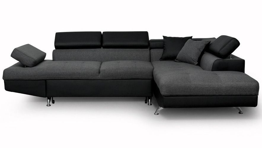 Canapé d'angle droit convertible tissu gris et simili noir Mio 271 cm - Photo n°1